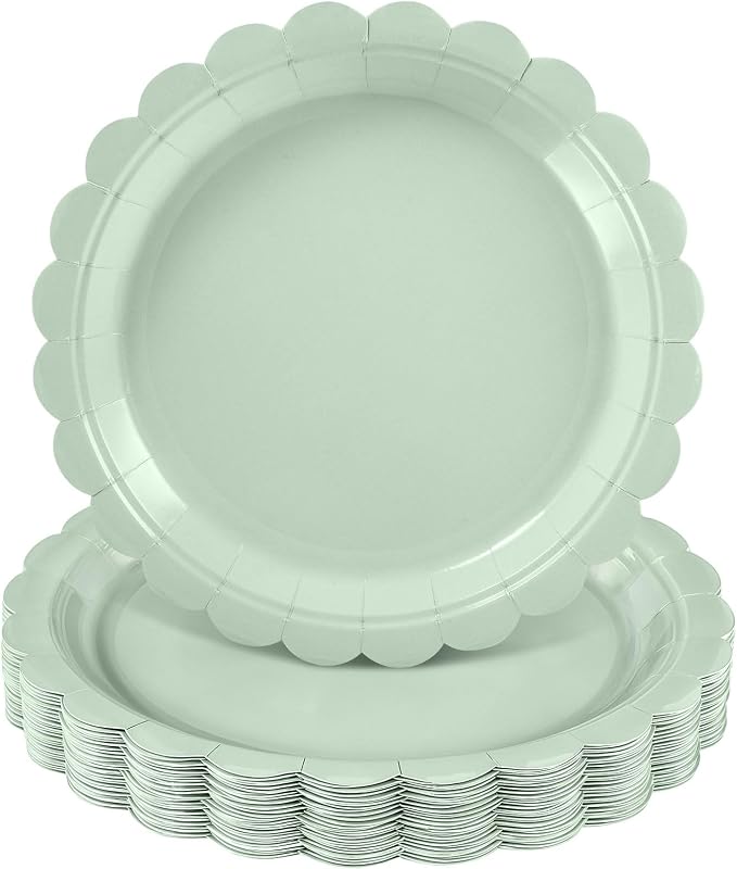 NatNarr 30 Pk Sage Green Paper Plates 9" Scalloped Sage Baby Shower Plates | by NatNarr