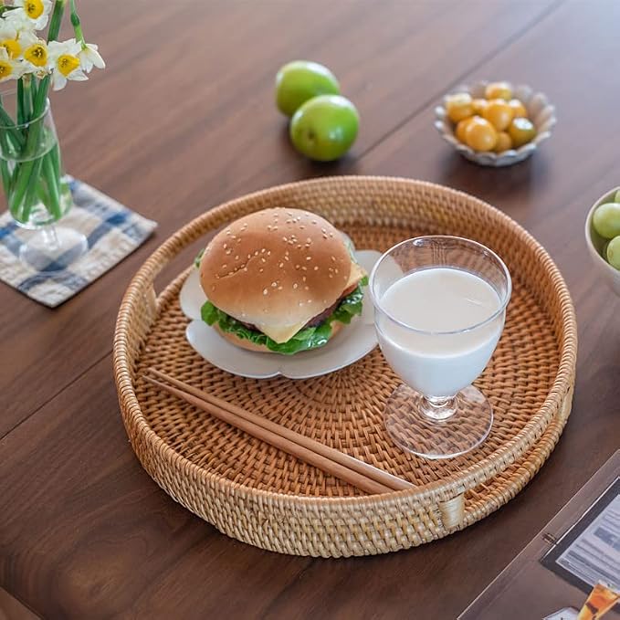 YANGQIHOME Rattan Round Serving Tray, Decorative Coffee Table Tray, Hand Woven - Image 7