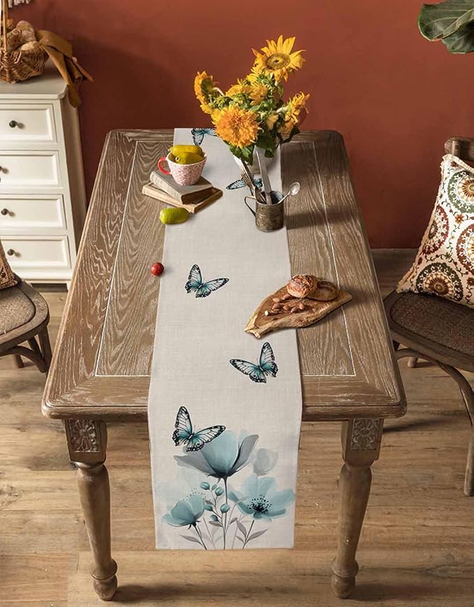 Turquoise Floral Table Runners 36 Inches Long, Spring Flowers Butterfly Table - Image 4