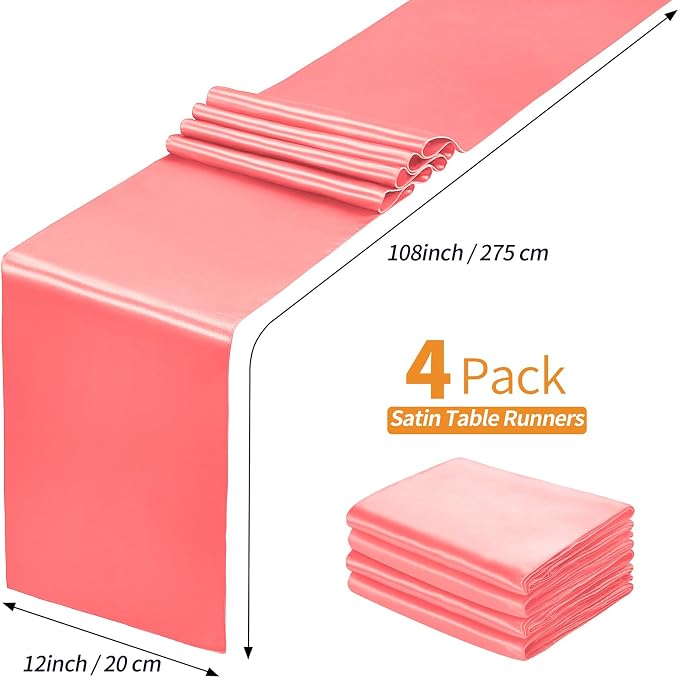 SiinvdaBZX 4 Pcs Coral Satin Table Runner 12 x 108 inches Long | Bright Smooth - Image 4