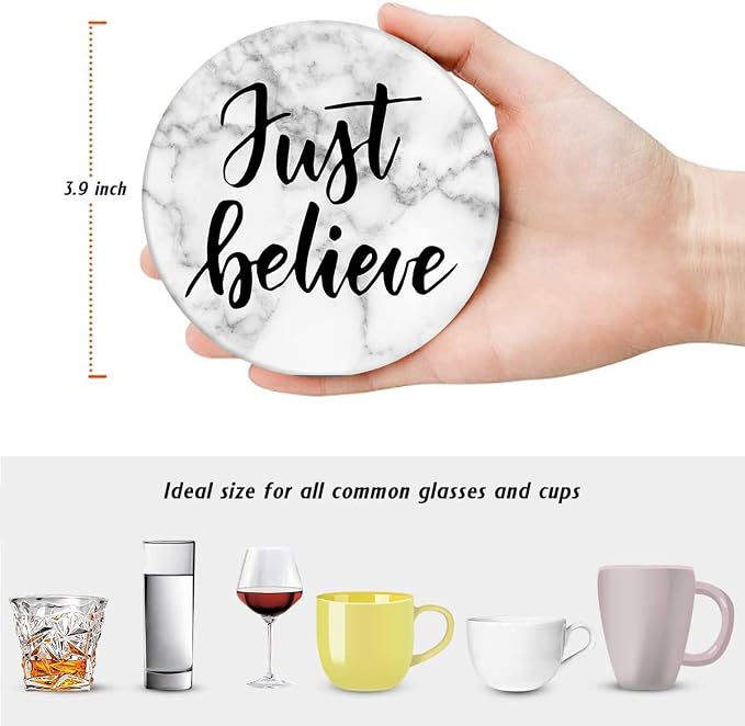 Coasters for Drinks, Ceramic Stone, Marble White | Inspirational Quote Text - Image 4