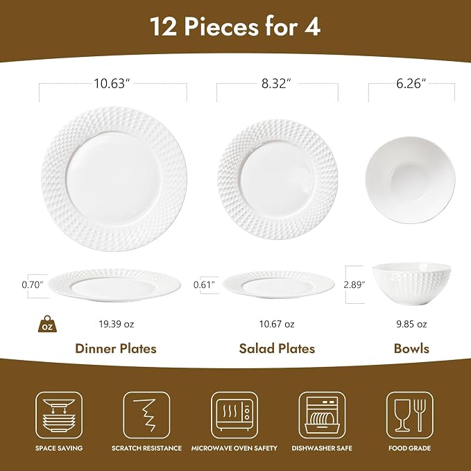 12Pc Rhombus Edge White Bone China Set, Service - Image 2