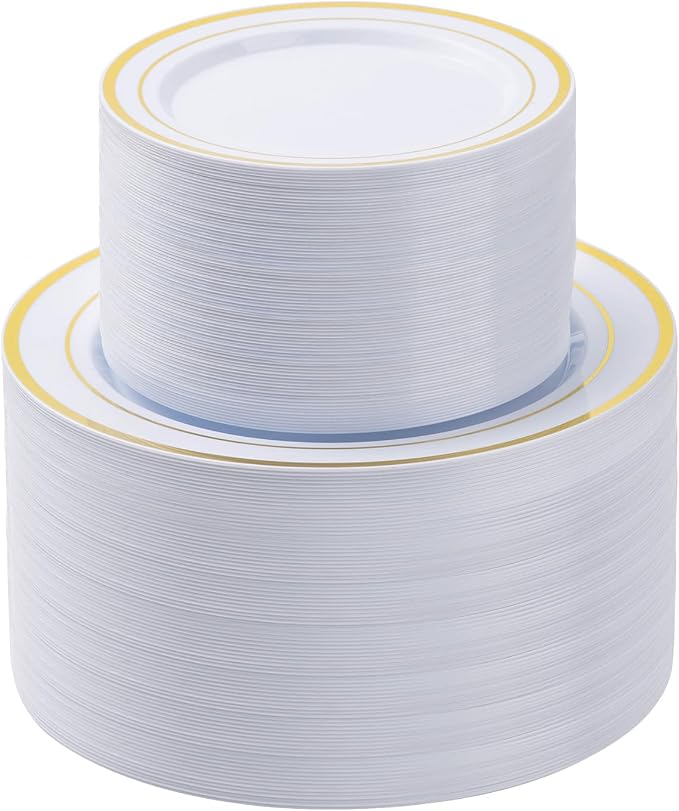 BESTSTAR 200PCS Gold Plastic Plates White and Gold Disposable Plates | 100 by BESTSTAR