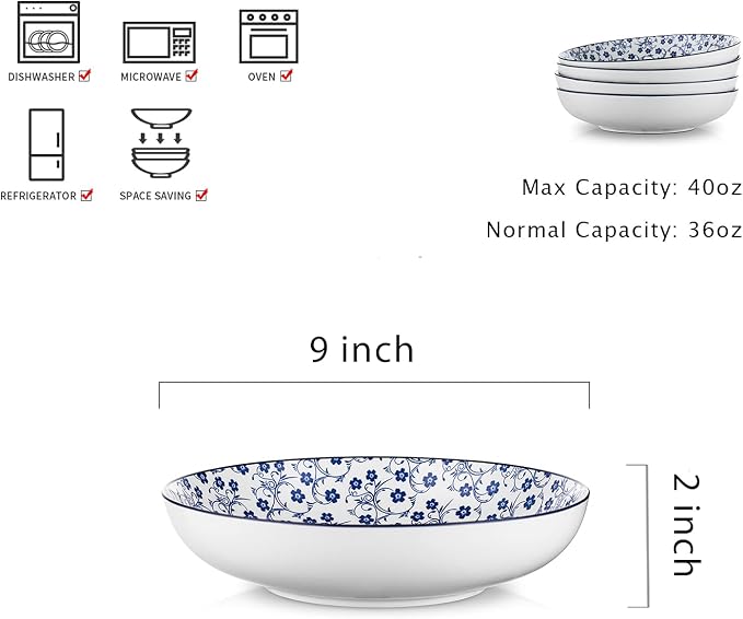 Selamica Porcelain 40oz Large Serving Bowls 9 inch Big Pasta Bowls Set of 4 - Image 2