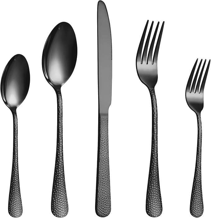 40 Pcs Black Silverware Set for 8, Food Grade Stainless Steel Flatware Set by Lazycorner