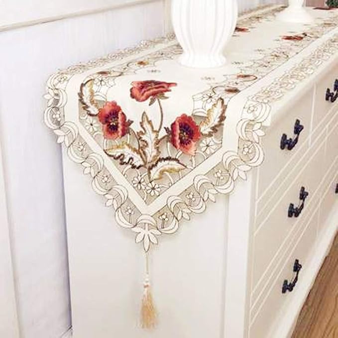 LeLehome 15 Inch X 96 Inch Classic Table Runner, Floral Lace Beige Rose Flowers - Image 5