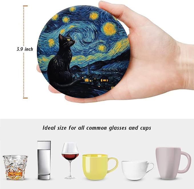 Drink Coasters for Drinks Set of 6, Art and Black Cat Absorbent Round Ceramic - Image 2