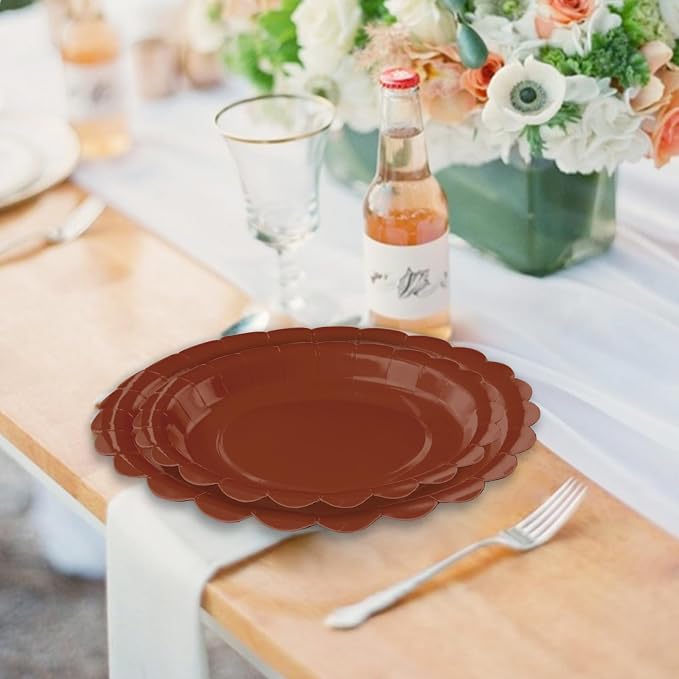 50 Pcs Brown Scalloped Paper Plates 25 × 7'' and 25 × 9'' Disposable Brown - Image 5