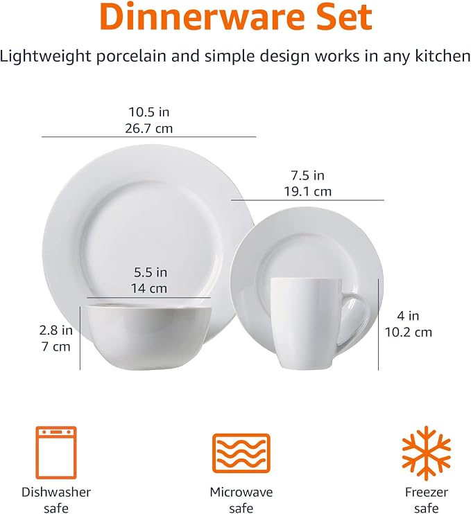 Amazon Basics 16-Piece Porcelain Dinnerware Set, Microwave and Dishwasher Safe - Image 7