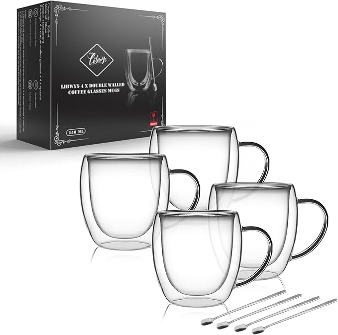 LIBWYS 4 Pack Double Walled Coffee Cups Glasses Mug, 8.5oz Borosilicate | by LIBWYS