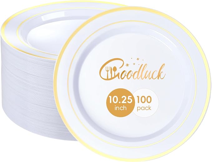 100 Pack 10.25 Inch Gold Rim Plastic Dinner Plates | Heavy Duty Disposable by GoodLuck