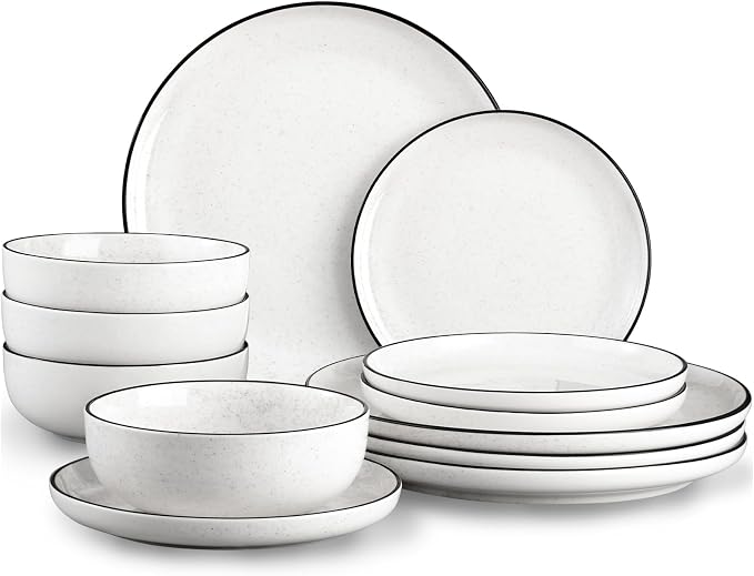 Plates and Bowls Sets for 4, 12 Pieces Ceramic Dish set, Modern Design Plate by SOVEGLEE