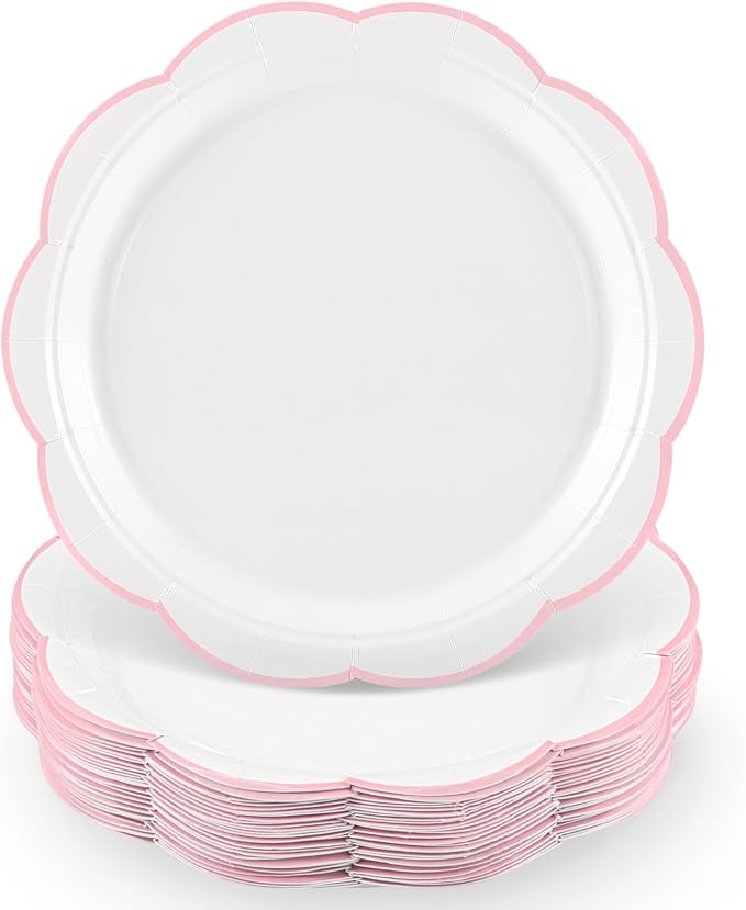 30 Pcs Pink and White Paper Plates, 9 Inch White Plates by NatNarr