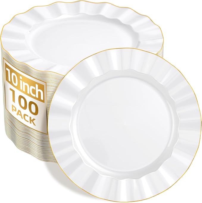 100PCS White Plastic Plates 10 Inch, Wavy Plates by Ciselure