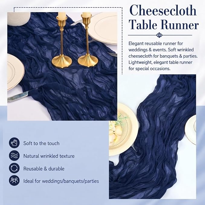 12 Pack Navy Blue Cheesecloth Table Runner 17x108 Inch Boho Rustic Semi Sheer - Image 5