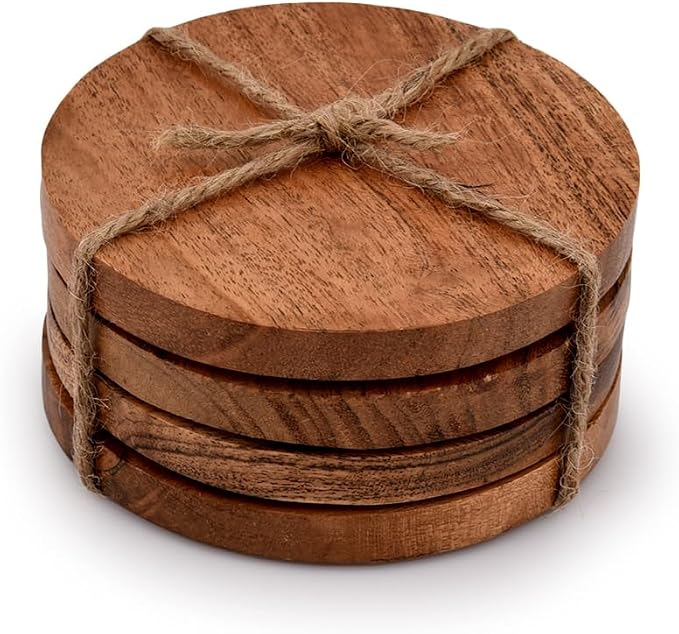 Acacia Wood Round Coasters Protection Tabletop, Countertop and Surfaces from by Samhita