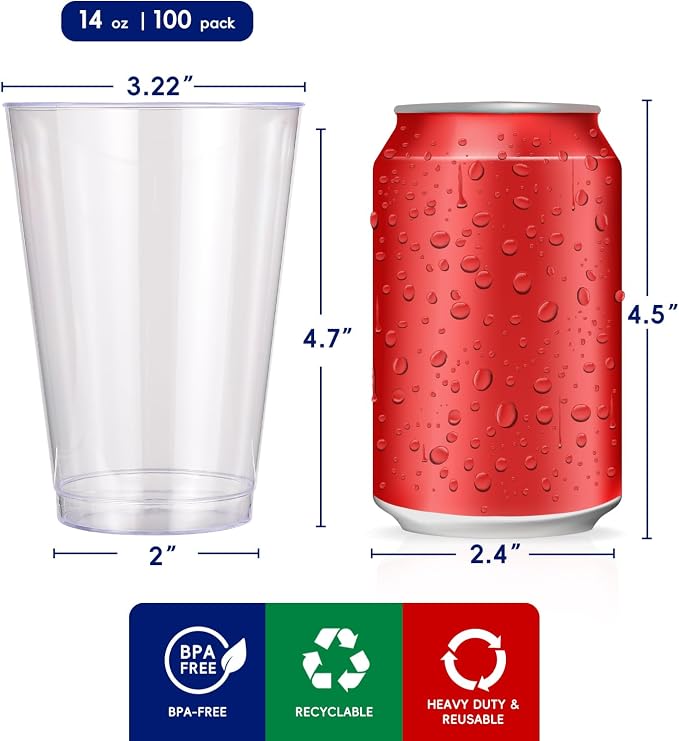 JOLLY CHEF 14 oz Clear Plastic Cups, 100 Pack Heavy-duty Party Glasses - Image 2