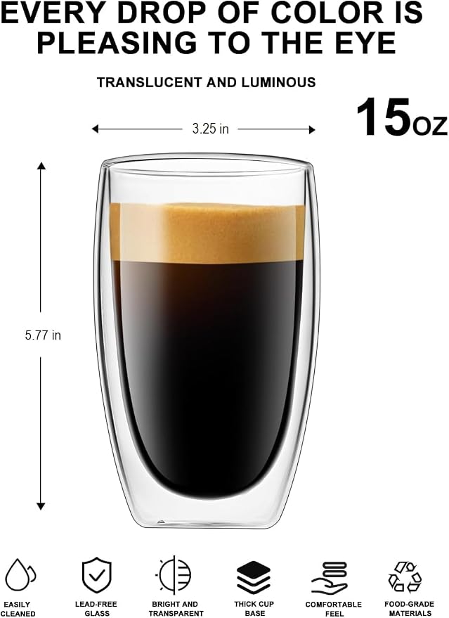 Glass Coffee Mugs Set of 2, Insulated Thermal Cups 15.2oz, Double Wall Clear - Image 3