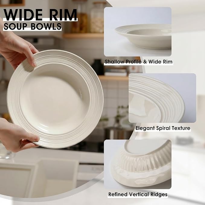 Wide Rim Soup Bowls Set of 4, 11 oz, 8 Inch Cream Beige | Shallow wide rim bowls - Image 3