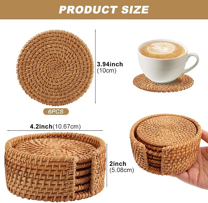 Rattan Coasters Set of 6 with Holder, 3.94 Inch Handwoven Coasters | Natural - Image 2