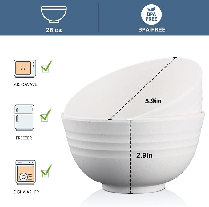 Wheat Straw Bowls Set of 8, Unbreakable White Cereal Bowl 26OZ, Microwave and - Image 2