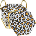 8 Pcs Drink Coasters with Metal Holder Stand, Leopard Print Design Ceramic by Hommtina