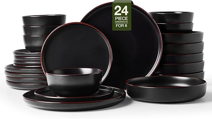 Famiware Mercury 24-Piece Stoneware Plates and Bowls, Matte Black | Dinnerware by Famiware