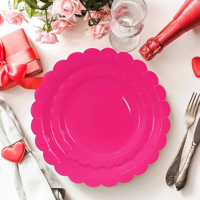 50 Pcs Hot Pink Scalloped Paper Plates 25 × 7'' and 25 × 9'' Disposable Hot - Image 4