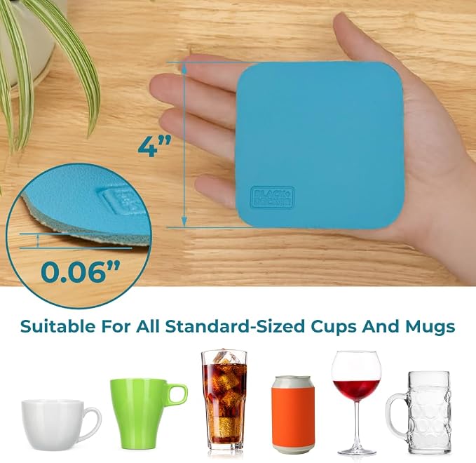 BLACK+DECKER Square Coasters Set of 4, Water-Resistant | Flexible Durable 4" - Image 2