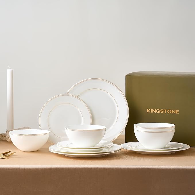 12Pcs Gold Trim White Bone China Set, Service - Image 9
