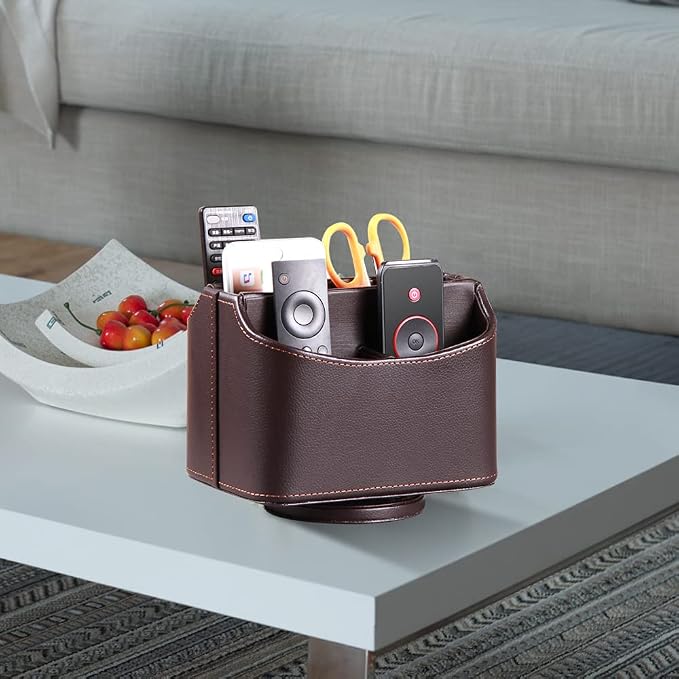 PU Leather Remote Control Holder, 360 Degree Spinning Desk TV Remote Caddy - Image 6