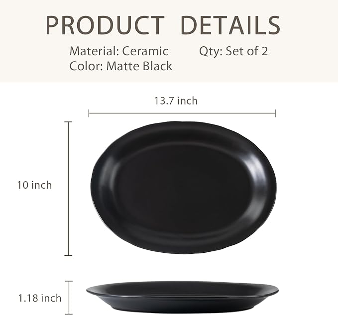 Black Ceramic Plates, 13.7" Serving Platter, Oval Dinner Plates, Serving Dish - Image 2