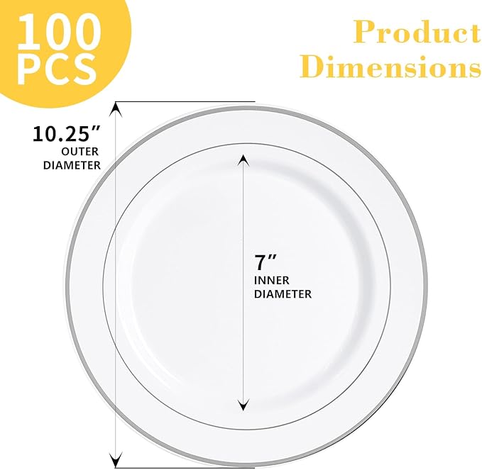 100PCS White Silver Plastic Plates Disposable, 10.25" Heavy Duty Plates | - Image 2