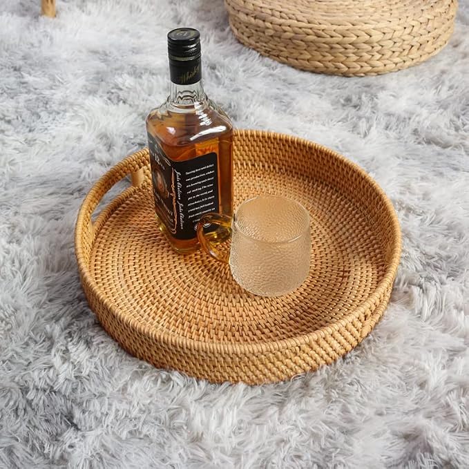 Round Rattan Serving Tray Decorative Woven Ottoman Trays - Image 4