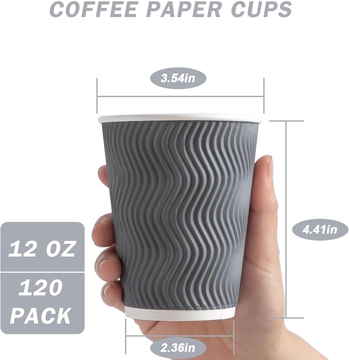 Clawsoff 120 Pack 12 oz Coffee Cups Disposable Insulated Paper Cup Gray | - Image 2