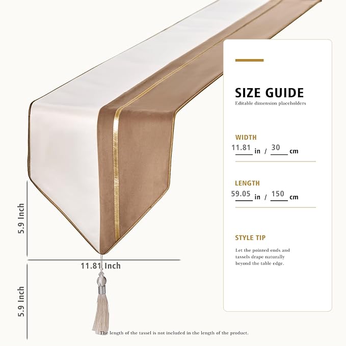 Avigers Table Runner 12 x 59 Inch, Chestnut White, Tassels | Faux Silk - Image 2