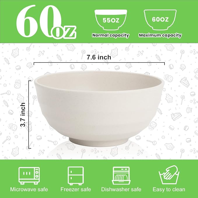 Large Salad Bowl, Wheat Straw Bowls Set 60 OZ, Unbreakable Big Bowls Set of 6 - Image 2