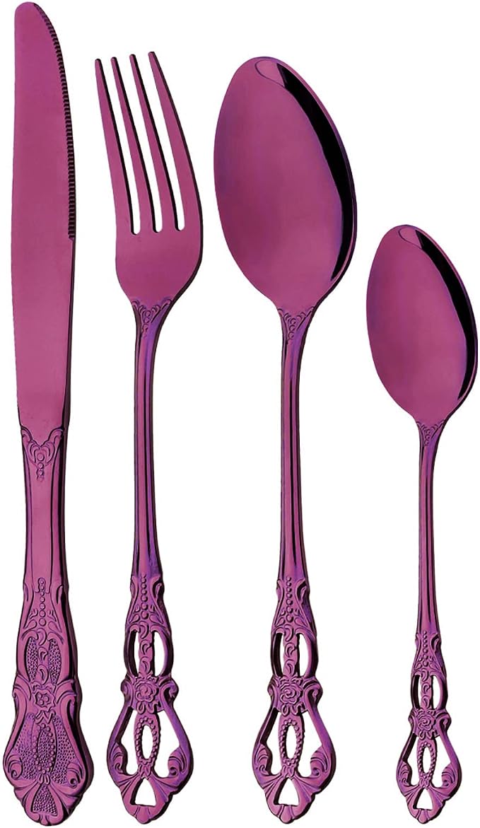 8-Piece Luxury Royal Silverware Set, 18/10 Stainless Steel Purple Flatware Set by JANKNG