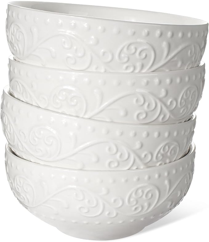 Ceramic Cereal Bowls 26 oz, Embossment Soup Bowls Set of 4, Dishwasher by Artena