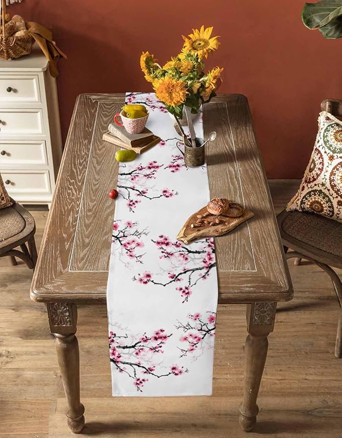 Pink Cherry Flowers Table Runners 120 Inches Long, Cotton Linen Fabric Table - Image 4
