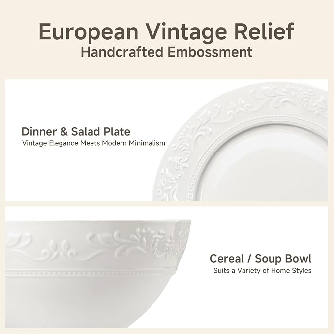 12Pcs Vintage Relief White Bone China Set, Service - Image 4