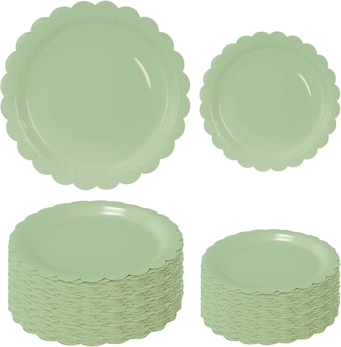 50 Pcs Sage Green Scalloped Paper Plates 25 × 7'' and 25 × 9'' Disposable Sage by FALIZIFU