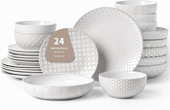 FOBENTA 24-Piece Ceramic Dinnerware Set, Large Plates and Bowls Set by FOBENTA