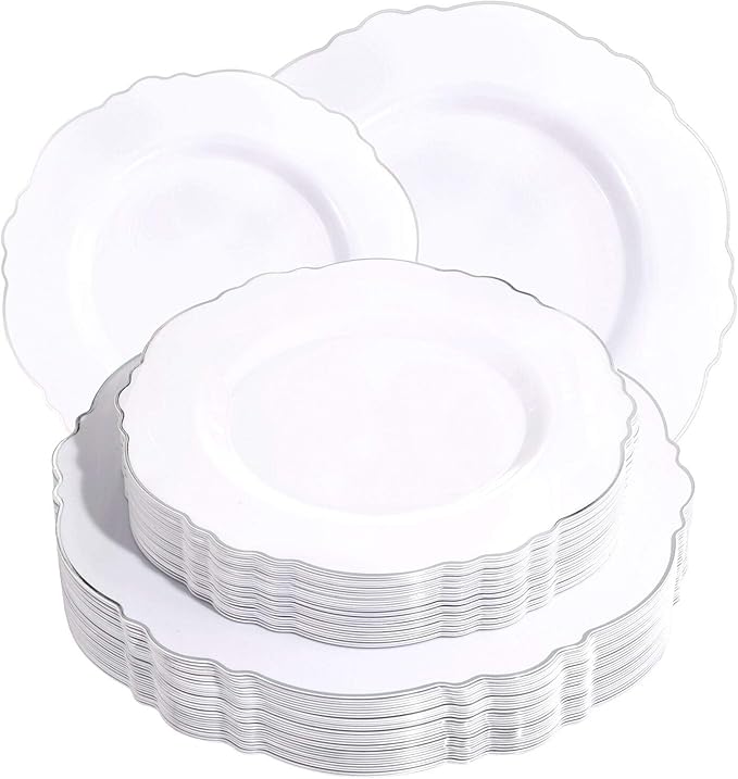 60pcs Silver Plastic Plates-Baroque White &Silver Plates by WDF