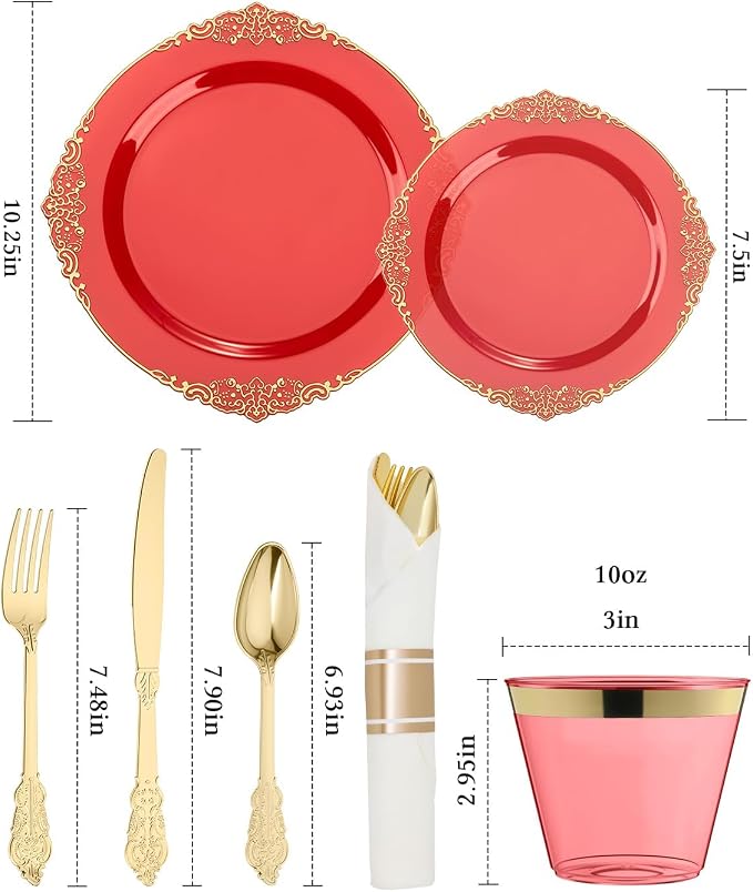 700 Piece Red Dinnerware Set for 100 Guests | Includes: 200 Gold Rim Plastic - Image 2