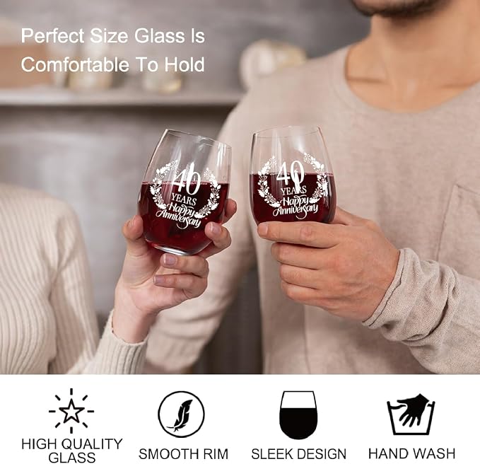 Perfectinsoy 40 Years Happy Anniversary Wine Glass Set of 2, 40th Anniversary - Image 5