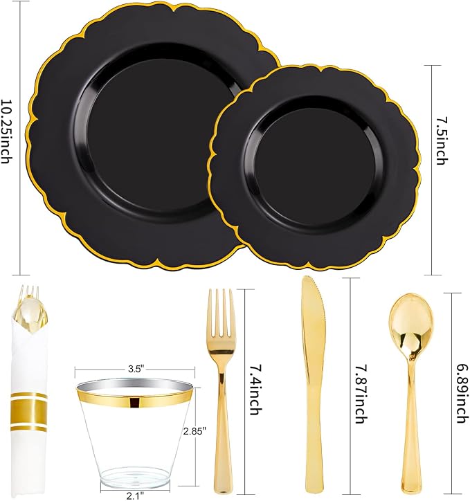 Morejoy 175PCS Black and Gold Plastic Plates, 25 Dessert Plates, 25 9oz Cups - Image 2