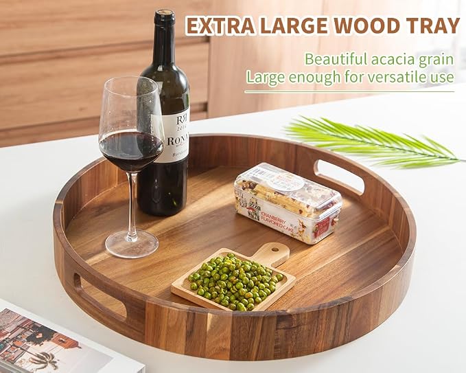 Extra Large Round Ottoman Coffee Table Tray, Huge Wood Serveware Tray - Image 3