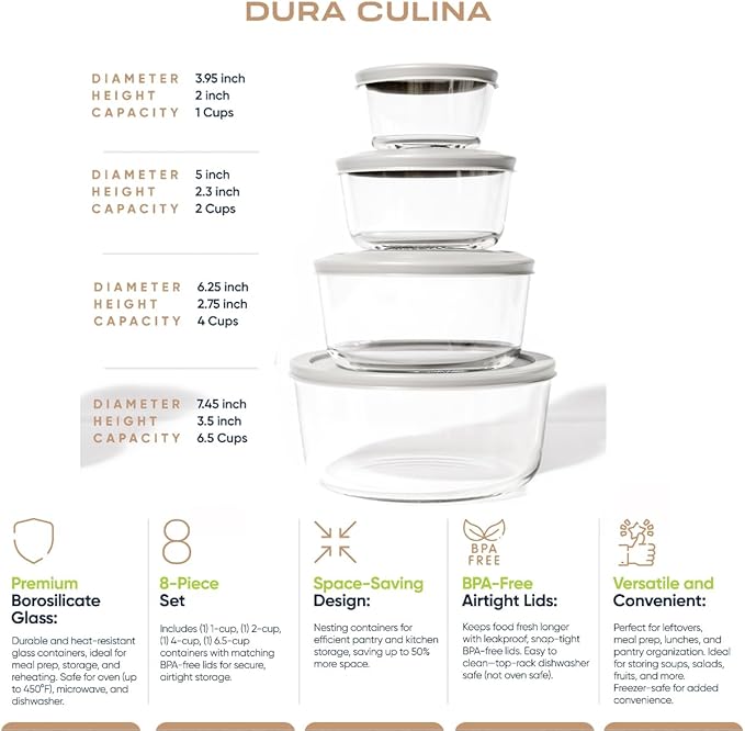 8-Piece Glass Food Storage Containers Set | Round, Microwave & Dishwasher Safe - Image 2
