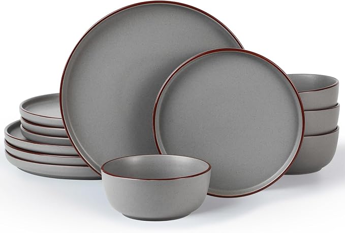 Famiware Mercury 12-Piece Stoneware Dinnerware Set, Dark Grey | Plates and Bowls by Famiware